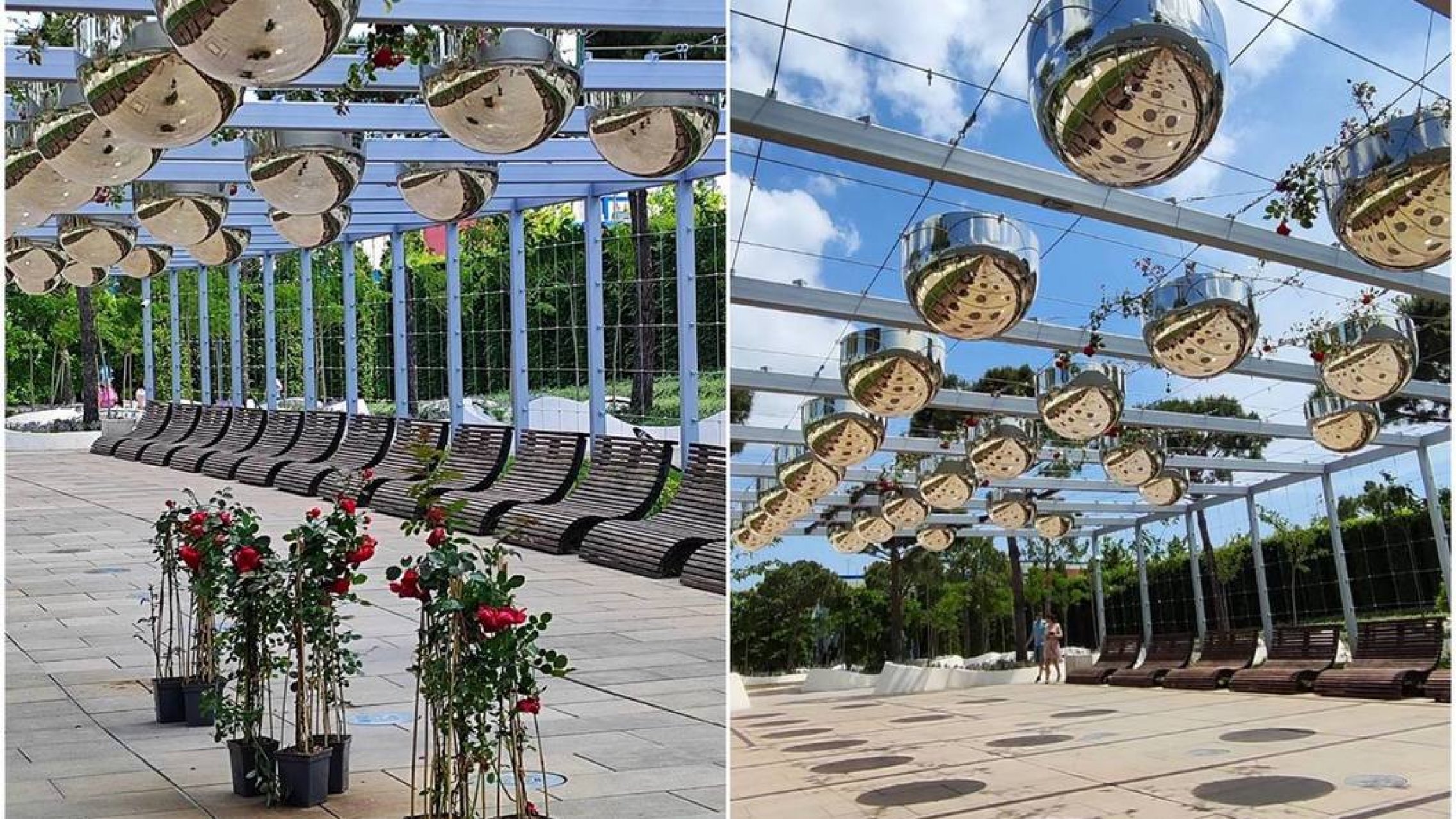 В парке «Краснодар» одну из локаций украсили подвесными кашпо с розами